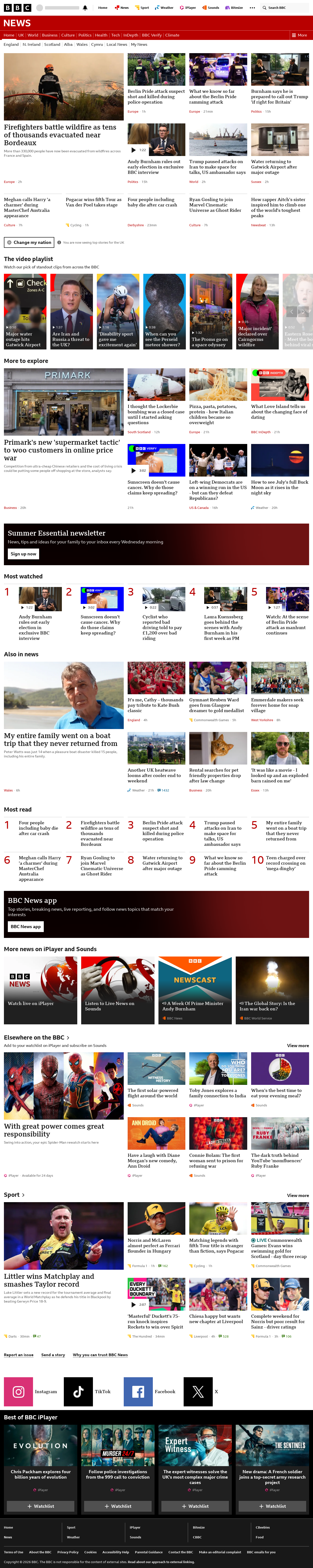 BBC News snapshot from Sunday, 26 July 2026 at 22:00