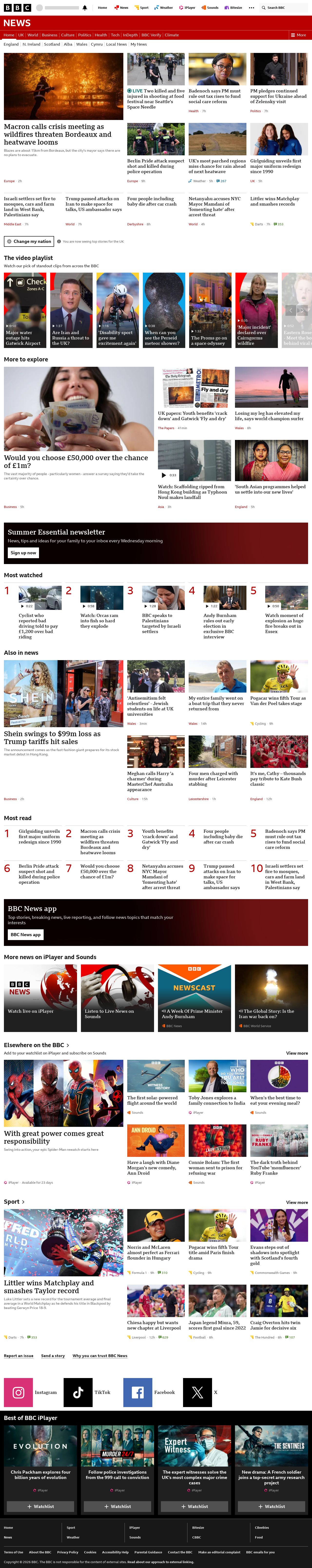 BBC News snapshot from Monday, 27 July 2026 at 06:00