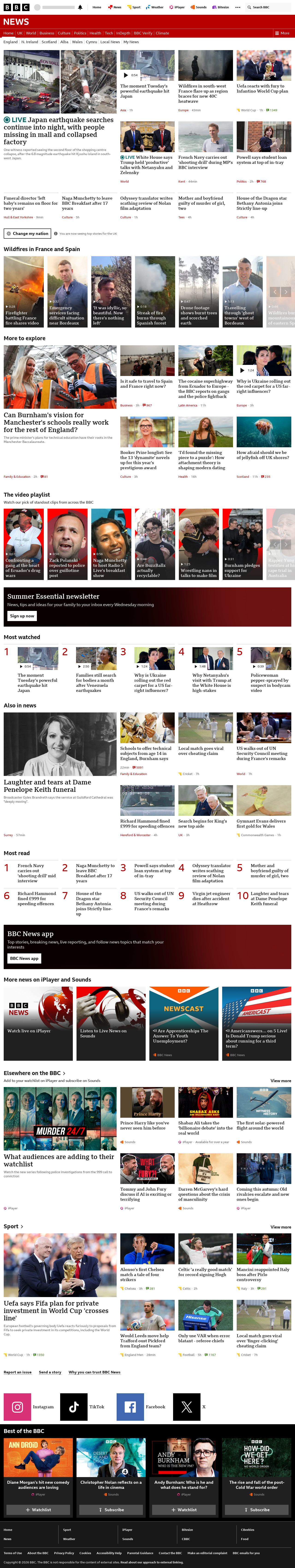 BBC News snapshot from Tuesday, 28 July 2026 at 18:00