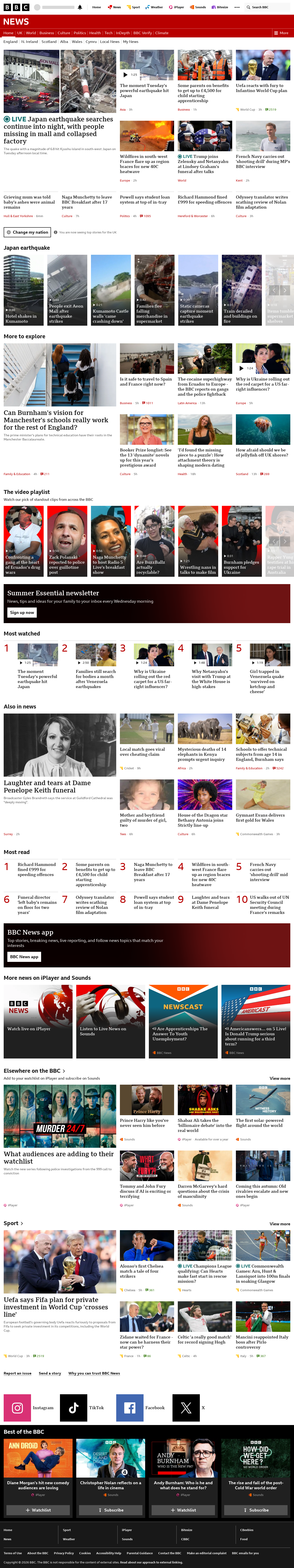 BBC News snapshot from Tuesday, 28 July 2026 at 20:00