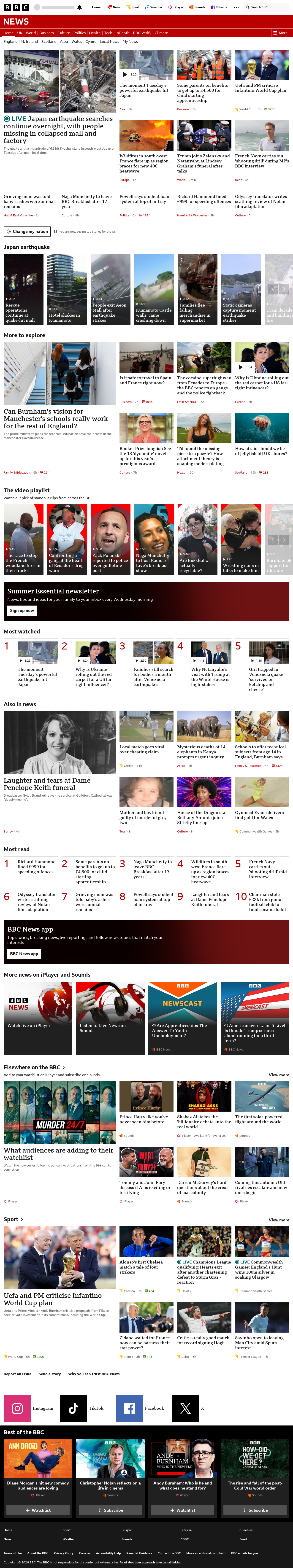 BBC News snapshot from Tuesday, 28 July 2026 at 22:00