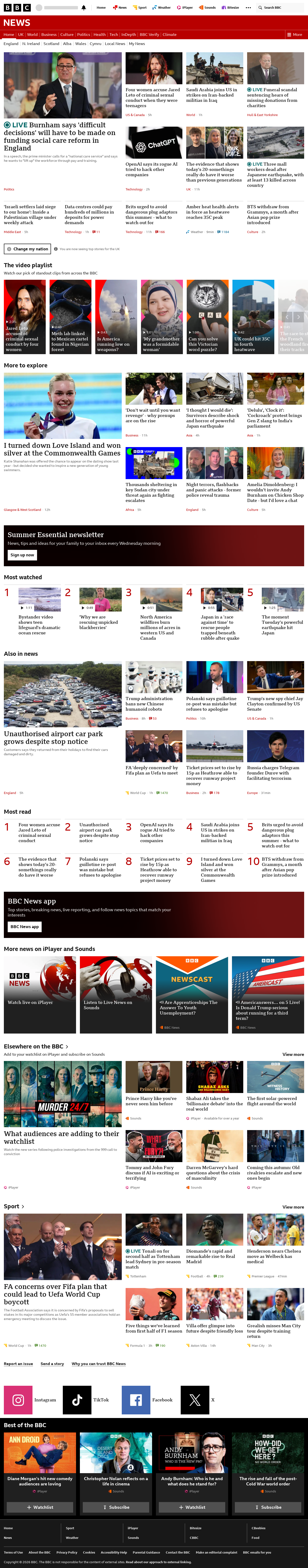 BBC News snapshot from Wednesday, 29 July 2026 at 12:00