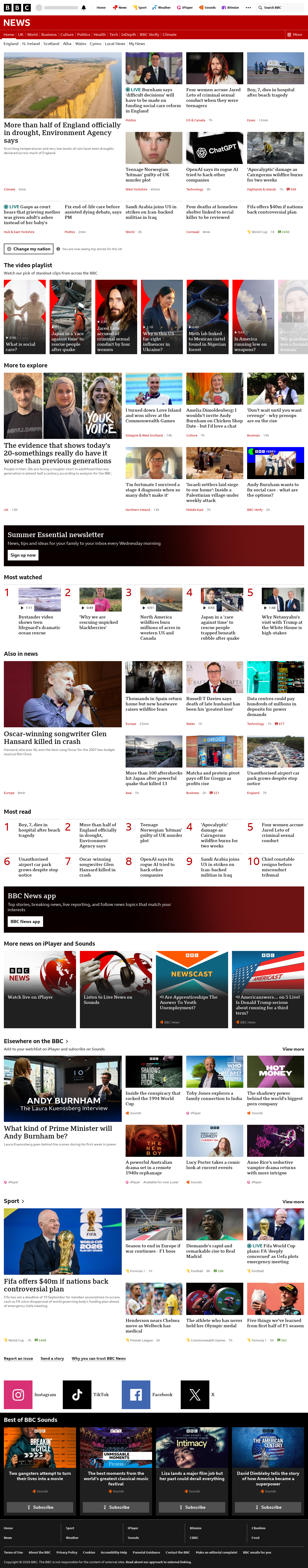 BBC News snapshot from Wednesday, 29 July 2026 at 14:00