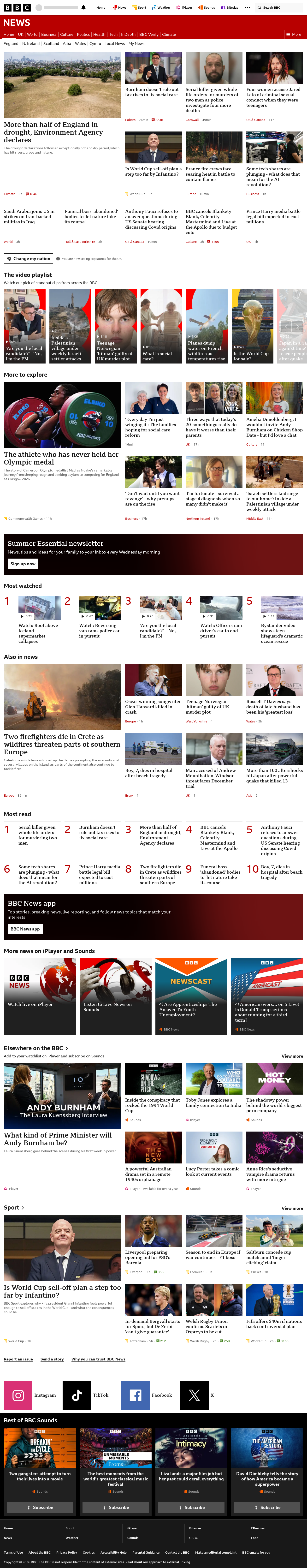 BBC News snapshot from Wednesday, 29 July 2026 at 18:00