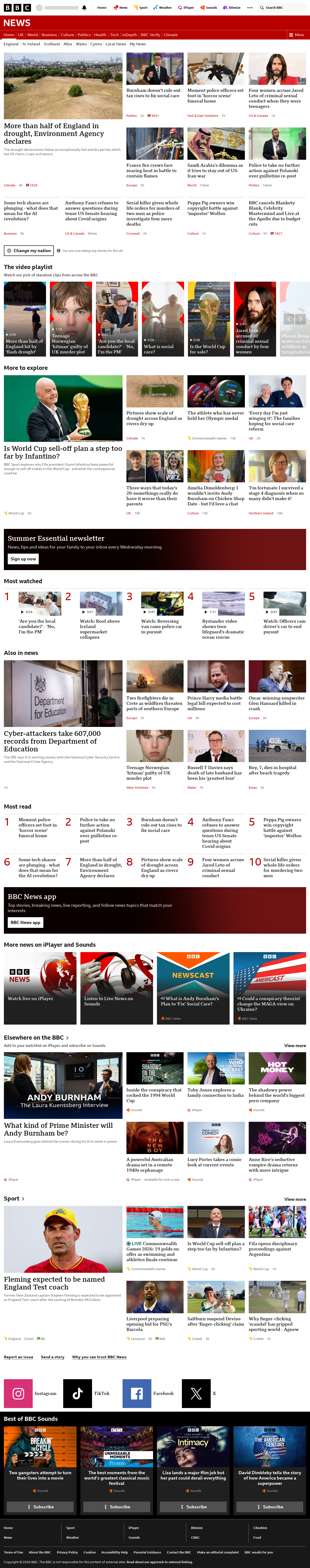 BBC News snapshot from Wednesday, 29 July 2026 at 20:00