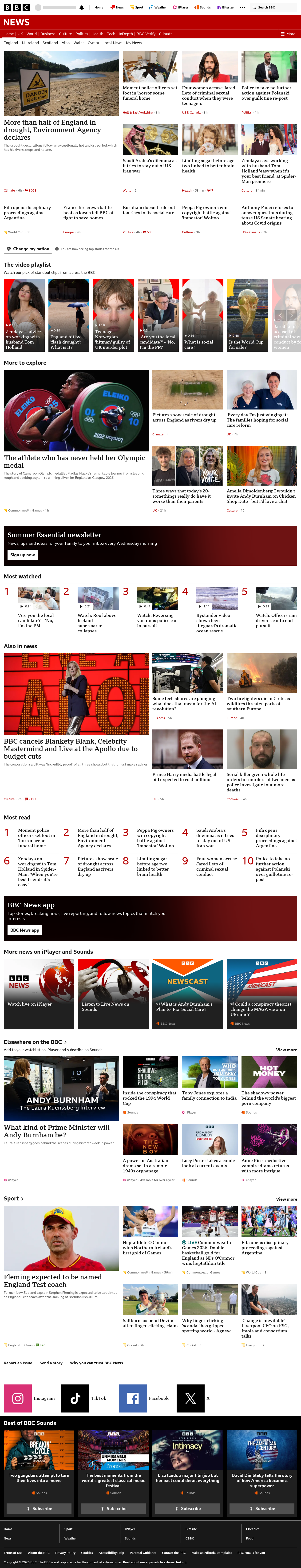 BBC News snapshot from Wednesday, 29 July 2026 at 22:00