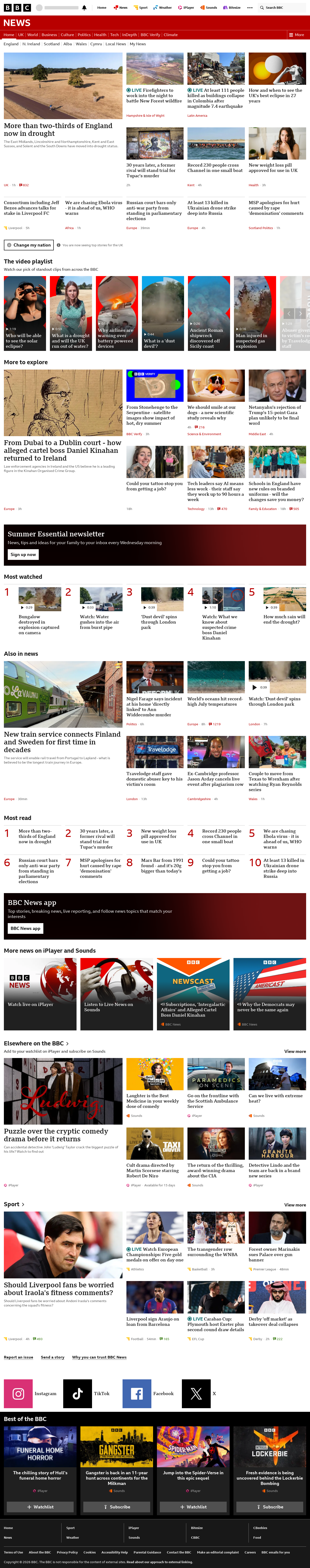 BBC News snapshot from Monday, 10 August 2026 at 20:00