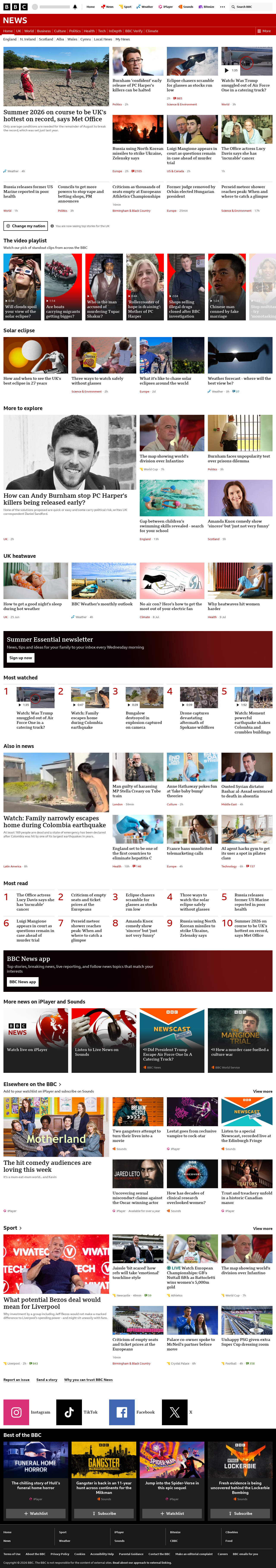BBC News snapshot from Tuesday, 11 August 2026 at 20:00