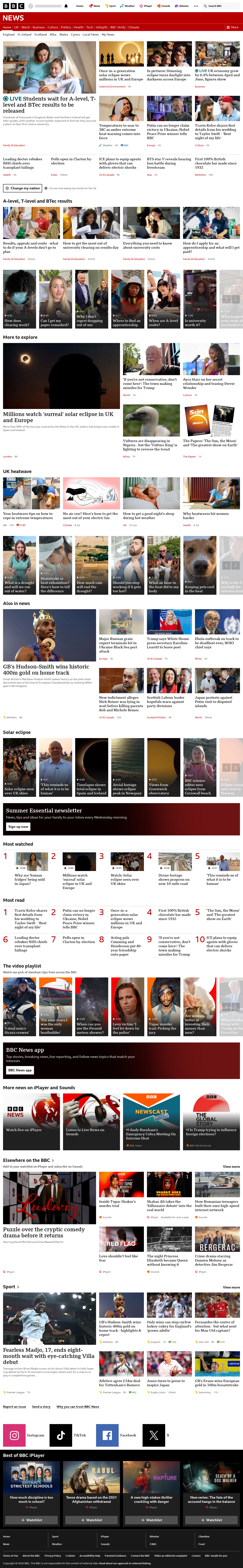 BBC News snapshot from Thursday, 13 August 2026 at 08:00