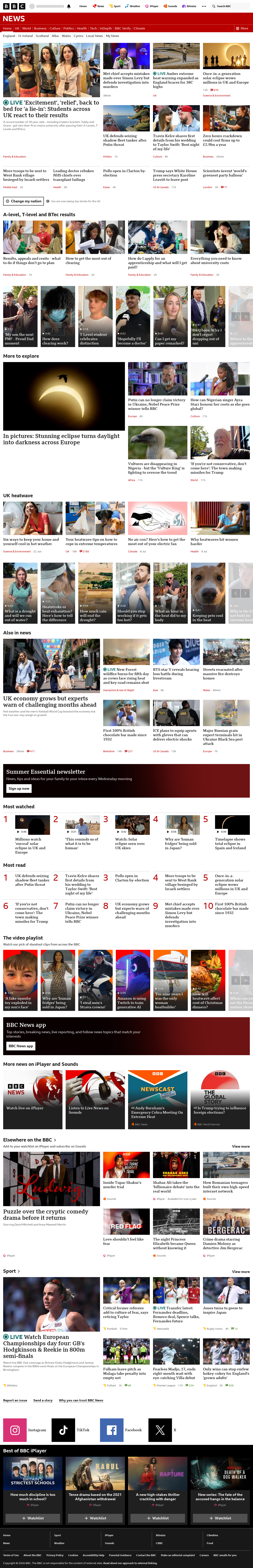BBC News snapshot from Thursday, 13 August 2026 at 12:00