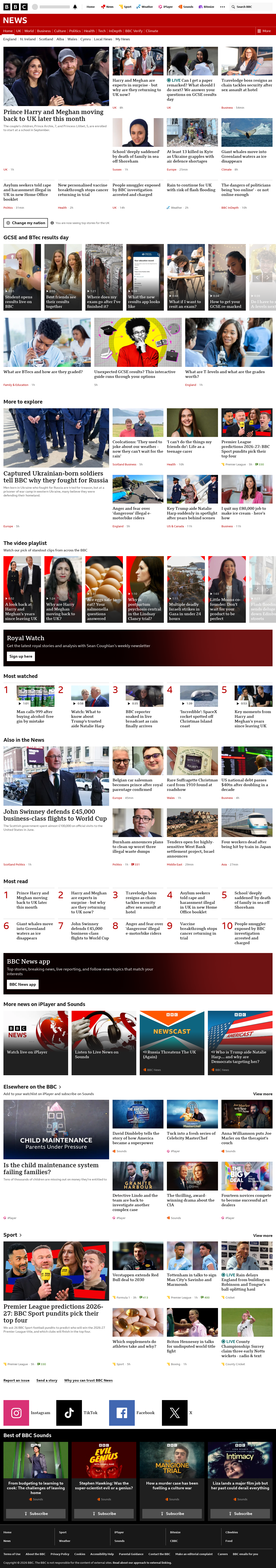 BBC News snapshot from Thursday, 20 August 2026 at 12:00
