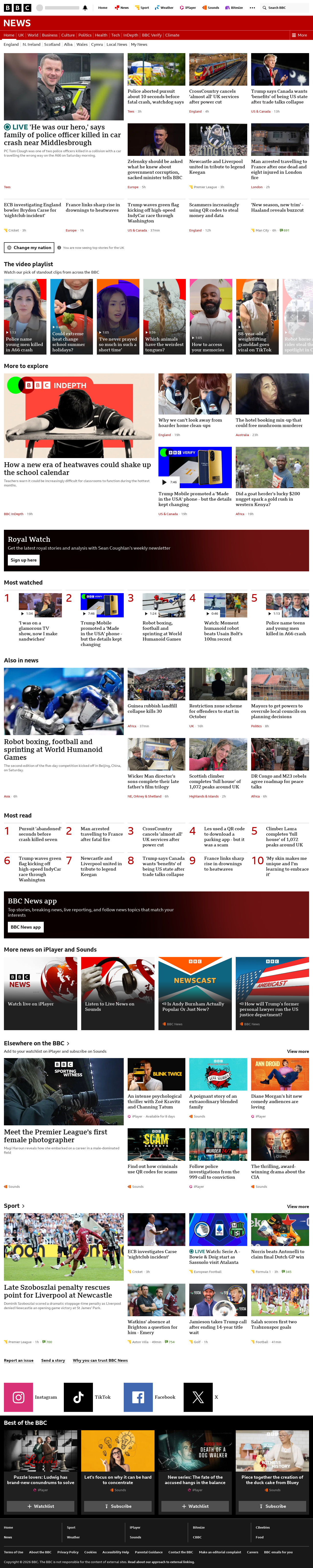 BBC News snapshot from Sunday, 23 August 2026 at 20:00