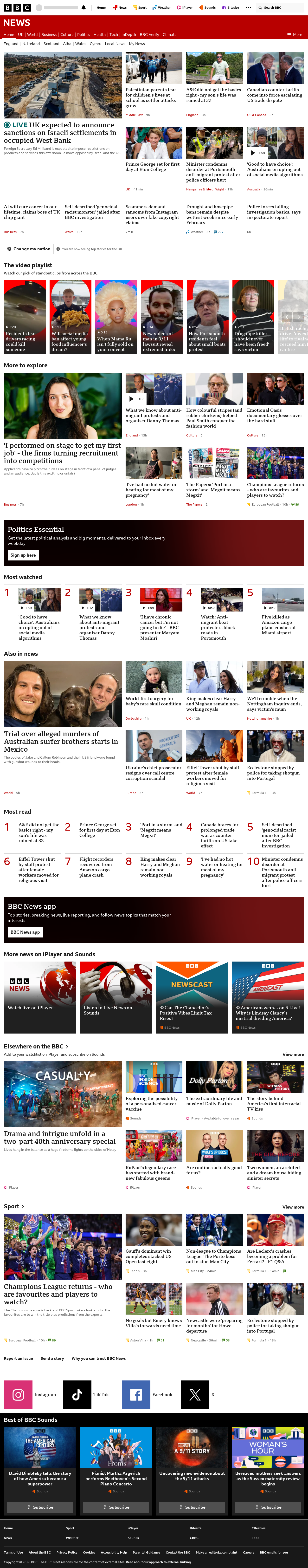 BBC News snapshot from Tuesday, 8 September 2026 at 08:00