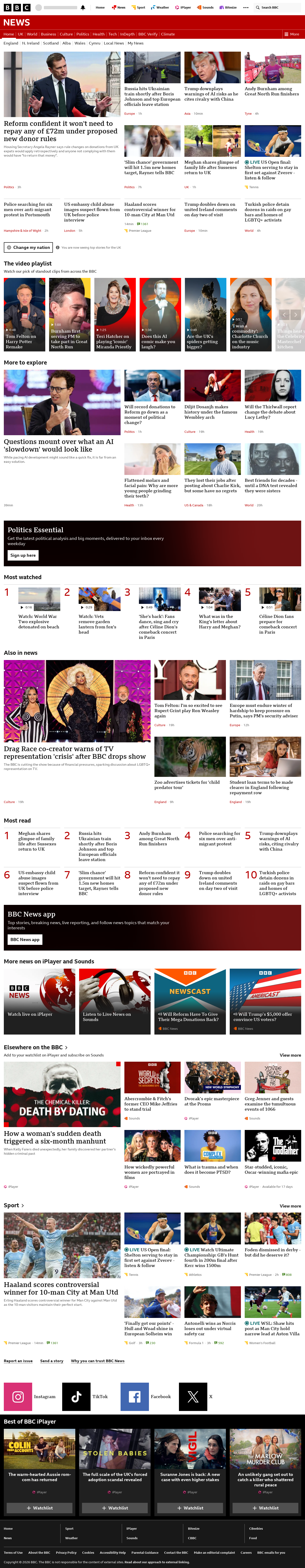 BBC News snapshot from Sunday, 13 September 2026 at 20:00
