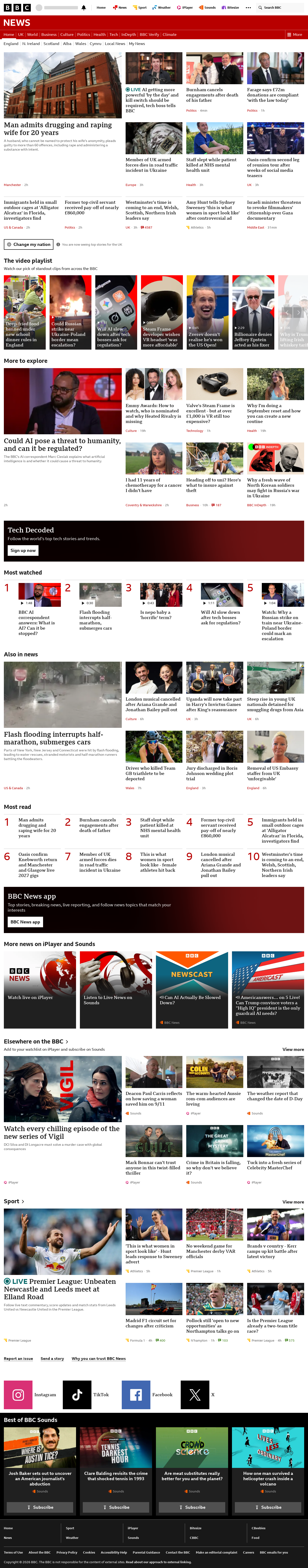 BBC News snapshot from Monday, 14 September 2026 at 20:00