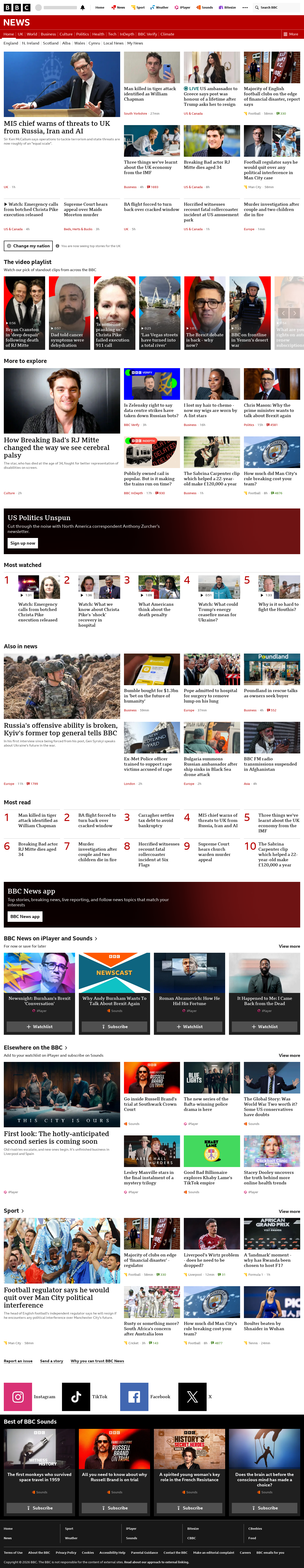 BBC News snapshot from Tuesday, 13 October 2026 at 18:00