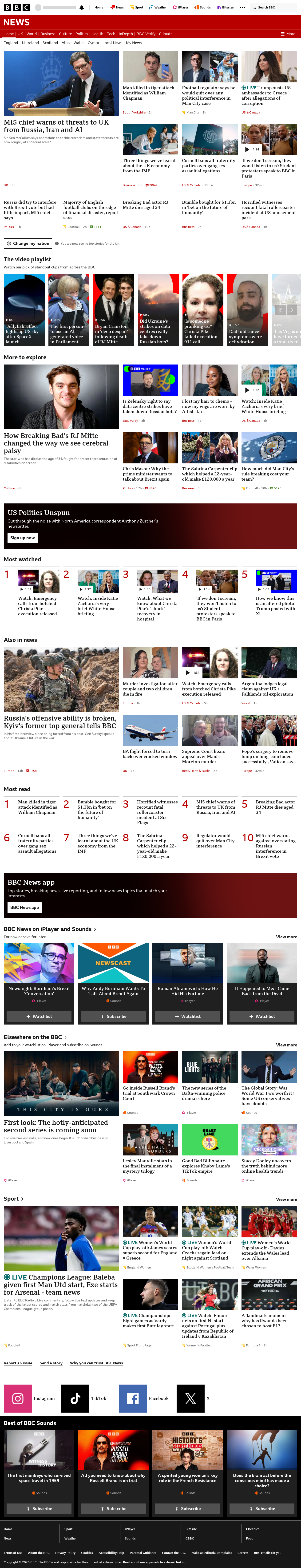 BBC News snapshot from Tuesday, 13 October 2026 at 20:00